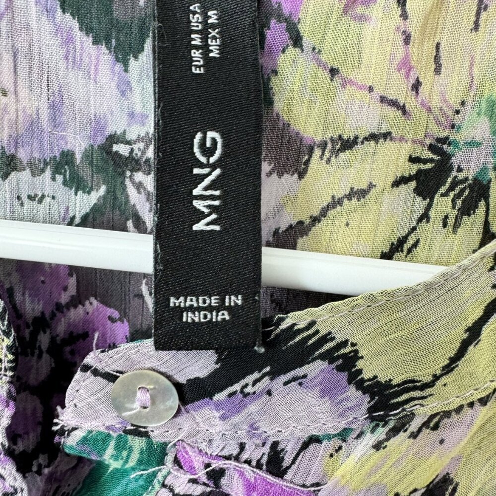 MNG Size 6 Elegant Floral Print Pleated Blouse with Bell Sleeves - Purple Yellow - Picture 4 of 4